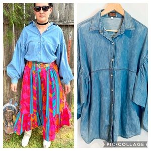 Vintage 90s Tianello denim chambray balloon sleeve button up blouse
